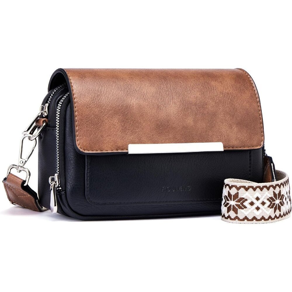 Women’s Black/Brown Leather Purse Imported Magnetic Snap Crossbody Zipper Bags